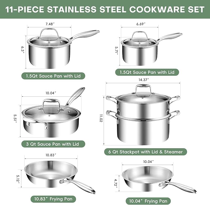 11-Piece Pots and Pans Set, 18/10 Stainless Steel Cookware Set, Induction Compatible, PFOA-Free Coating, Dishwasher Safe, Includes Frying Pan & Sauce Pan with Lids