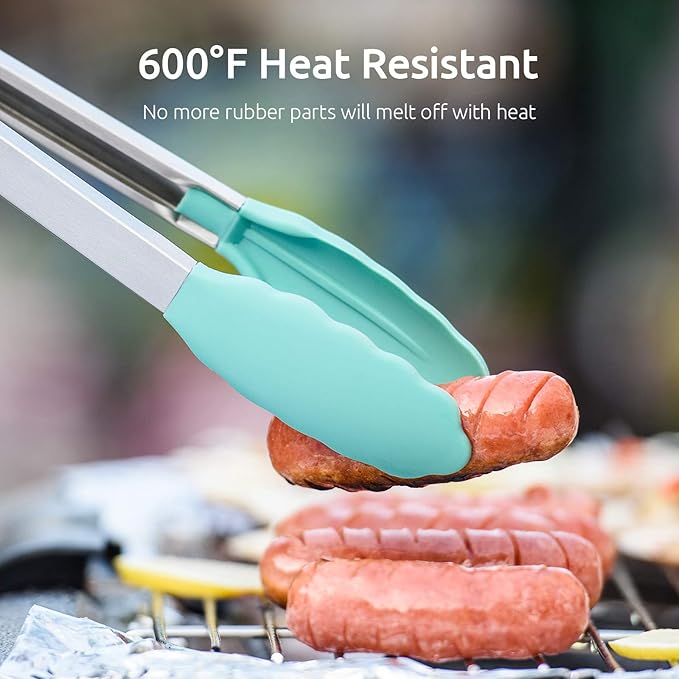 Kitchen Tongs, U-Taste 7/9/12 inches Cooking Tongs, with 600쨘F High Heat-Resistant Non-Stick Silicone Tips, 18/8 Stainless Steel Handle, for Food Grill, Salad, BBQ, Frying, Serving, Pack of 3(Teal)