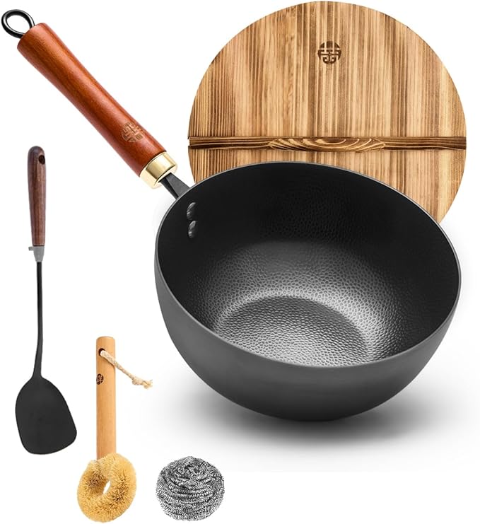 WANGYUANJI Iron Wok 8.7 Inch Deep Frying Skillet with Wooden Lid ??Versatile Flat Bottom Stir-Fry Pan, Chemical-Free & Induction Compatible, Ideal Wrought Iron Small Wok for Home, Chef & Pro Use