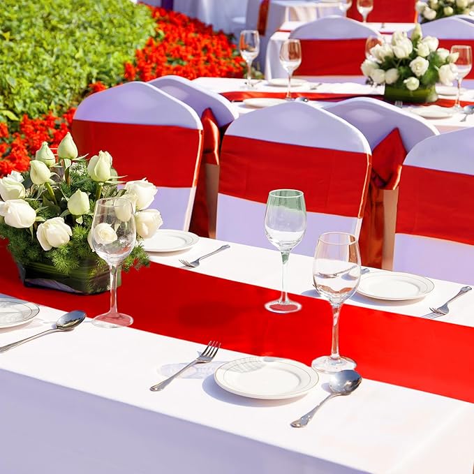 Bencailor 24 Pcs Bright Red Satin Table Runner Bulk 12 x 108 Inches Long Table Runners Bright Smooth Fabric Tablecloth for Wedding Banquet Birthday Valentines St Patrick's Day Party Decorations