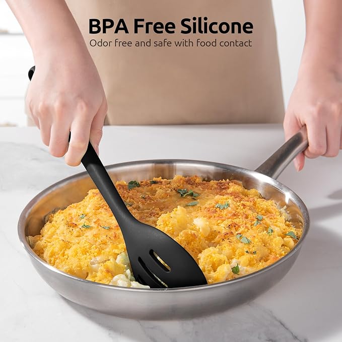 600쨘F Heat Resistant Silicone Spoons: U-Taste 13.3in Solid & Slotted Kitchen Cooking Spoon, Nonstick Long Rubber Utensil, Sturdy for Mixing, Serving, Stirring, Frying, Draining (Black, 2PCS)
