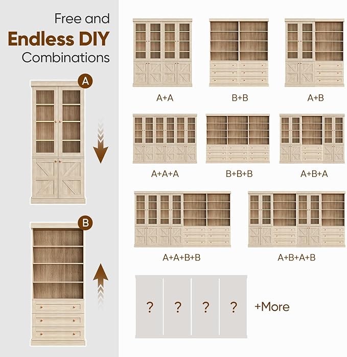 71" Tall Farmhouse Bookshelves with Glass Doors, Rustic Large Bookcase with Adjustable Shelves, Wooden Storage Cabinet for Living Room, Kitchen, Home Office, Dining Room, Brown Glass Door(4 Pcs)