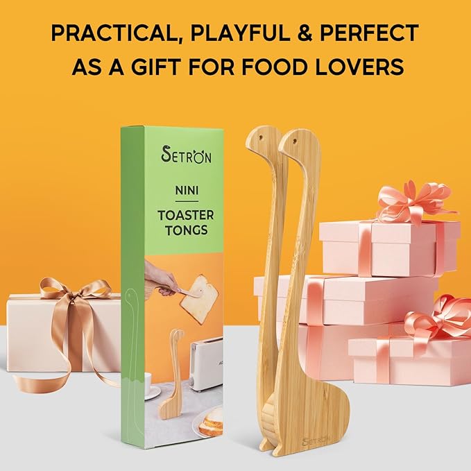 Bamboo Nessie Toast Tongs ??10??Toaster Tongs for Bread & Bagels, Heat-Resistant Bamboo Kitchen Tongs with Anti-Slip Grip, Cute Loch Ness Monster Design for Cooking & Serving