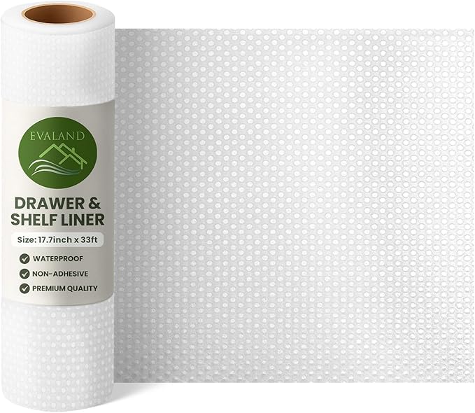 EVALAND Shelf Liners for Kitchen Cabinets Non-Adhesive 17.7" x 33 FT Clear Drawer Liner Non Slip, Washable Cabinet Liner, Waterproof Shelf Liners for Cabinets, Refrigerator Bathroom Pantry Cabinet Mat