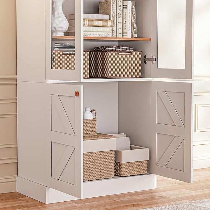71" Tall Farmhouse Kitchen Pantry, Rustic Large Storage Cabinet with Glass Doors, Adjustable Shelves, Wood Versatile Hutch Cabinet for Dining Room, Living Room, White, Set of 3