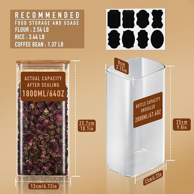 64oz Rectangle Airtight Glass Storage Containers with Bamboo Lids (Set of 4), Square Food Storage Jar, Pantry Organizers for Cereal, Flour, Pasta and Coffee beans (?럚ith Black Lable)