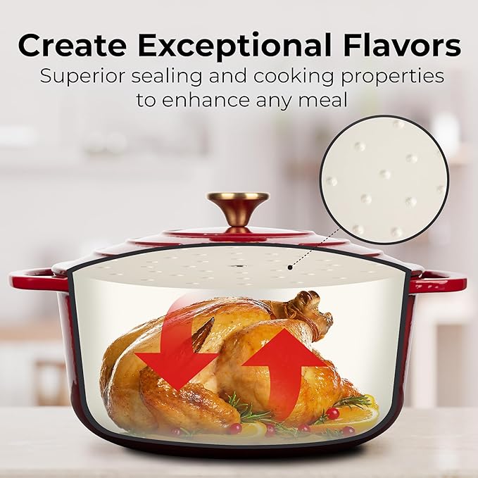 Zulay Kitchen 6 Quart Enameled Cast Iron Dutch Oven Pot with Lid ??Premium Durability & Oven Safe up to 500째F ??Heavy Duty Cookware Perfect for Bread Baking, Stews, Braising & Roasting ??Garnet