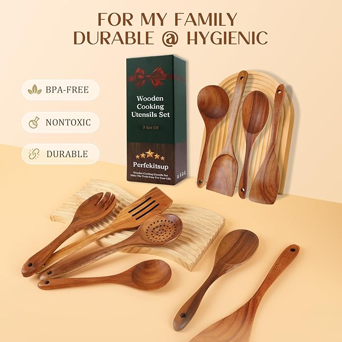 Wood Spoons for Cooking,9 Pcs Natural Teak Wooden Cooking Utensils Set with Holder 竊?Spoon Rest, Soft Comfort-Grip Wooden Kitchen Utensil Set for Non-Stick Cookware