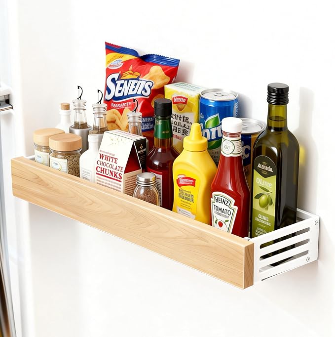 spice rack wood kitchen spice rack wall mounted adjustable adhesive or screw, hung on the door and wall, black large rack for storing items in refrigerators and ovens