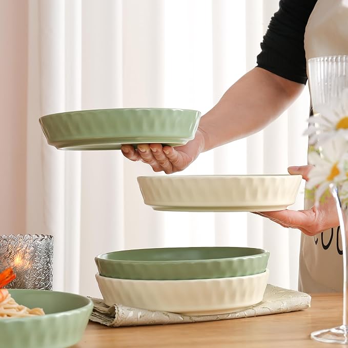 Dinner Plates Set of 4, 8 Inch Ceramic Salad Plates With High Rim for Pasta, Salad, Steak and Main Course, Microwave, Oven and Dishwasher Safe - Green