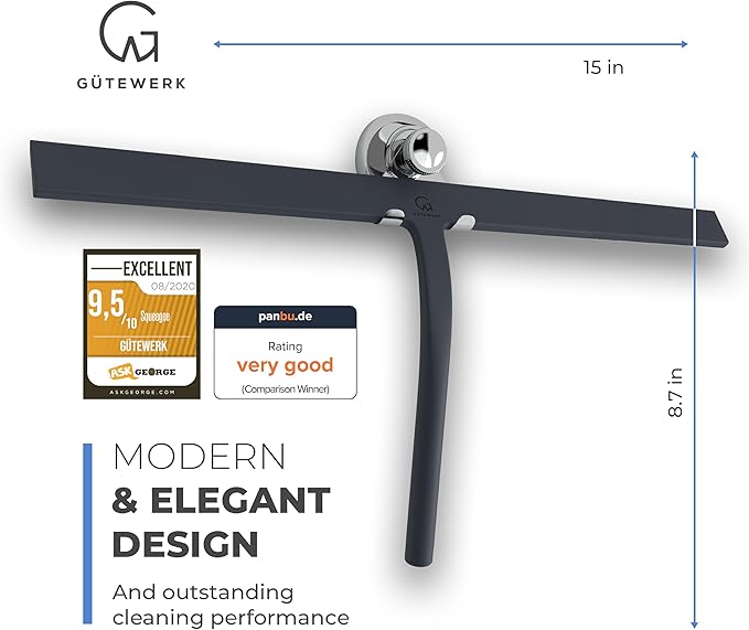 G횥TEWERK Shower Squeegee for Glass Doors, Silicone Window Squeegee, Bathroom and Glass Cleaning - Black - 15 Inch