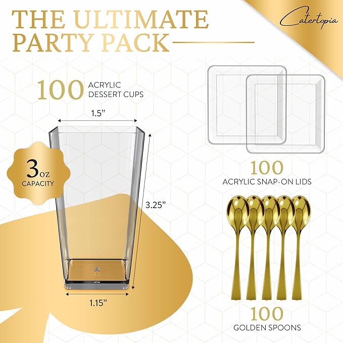 100 Pack 3 oz Mini Dessert Cups with Lids and Spoons (Gold Spoons) - Plastic Shooter Appetizer Parfait Cups with Lids Reusable - BPA Free Catering Supplies for Party - Dessert Bowls (GOLD SPOONS)