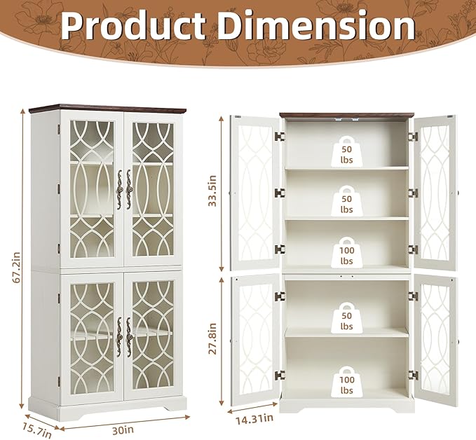 67" Tall Pantry Cabinet Set of 2, Vintage Kitchen Pantries Cabinets with Glass Doors & Adjustable Shelves, Wood Cupboard with Large Storage for Dingning Room, Bathroom, Antique White