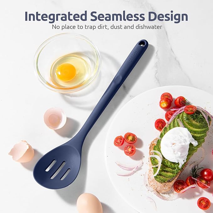 600쨘F Heat Resistant Silicone Spoon: U-Taste 13.3in Solid Kitchen Cooking Spoon, Nonstick Food Grade Large Soup Rubber Utensil for Mixing, Serving, Stirring, Basting, for Pot Cookware (Midnight Blue)