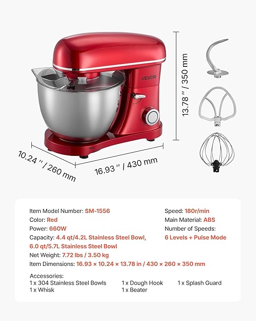 VEVOR Stand Mixer, 8.2 QT Electric Kitchen Mixer, 660W Dough-Mixer, 6 + Pulse Speeds Tilt-head Food-Mixer with Stainless Steel Bowl, Dough Hook, Whisk, Beater, for Baking, Mixing, Whipping & Kneading