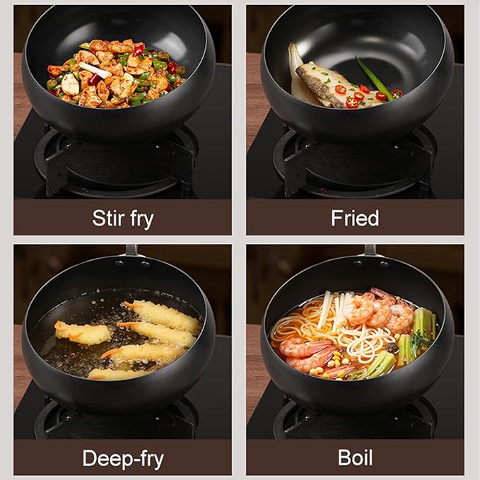 Carbon Steel Wok Pan, 10.2??Woks & Stir-Fry Pans with wooden Lid Cookwares, Nonstick Wok Flat Bottom Small Handmade Chinese Wok For for All Stoves