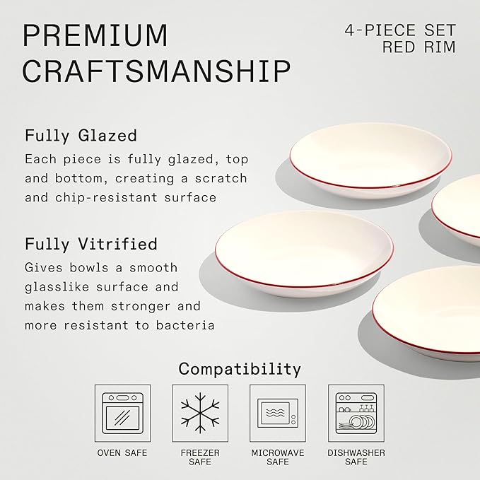 Made In Cookware - Set of 4 - Entr챕e Bowls - White With Red Rim - Porcelain - Crafted in England