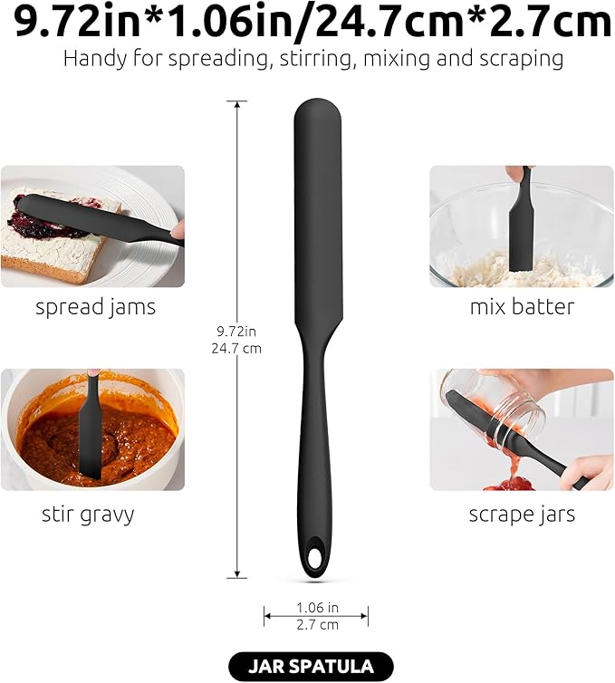 U-Taste Skinny Silicone Jar Spatula: 600쨘F Heat-Resistant Food-Grade 10in Long Narrow Sourdough Stirring Stick, Seamless Flexible Peanut Butter Spreader for Scraping Icing Bread Cream, Jam (Black)