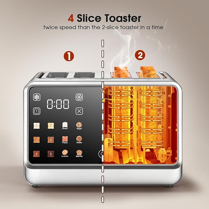 Smart Toaster 4 Slice Wide Slot??Dual Digital TouchScreen & Independent Control for Family | 1800W Stainless Steel for 6 Bread Types & Toast Settings | Defrost Reheat & Single-Slice Modes