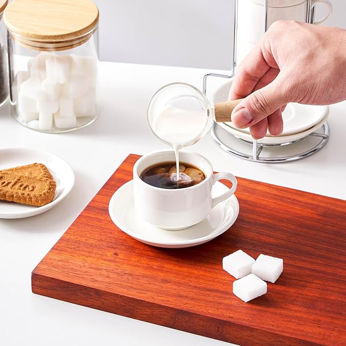 2.5oz Espresso Cups Set of 4, Small Stackable Coffee Cups with Saucers and Metal Stand, Ceramic Demitasse Cups, Cappuccino Cups for Coffee Drinks, Latte, White