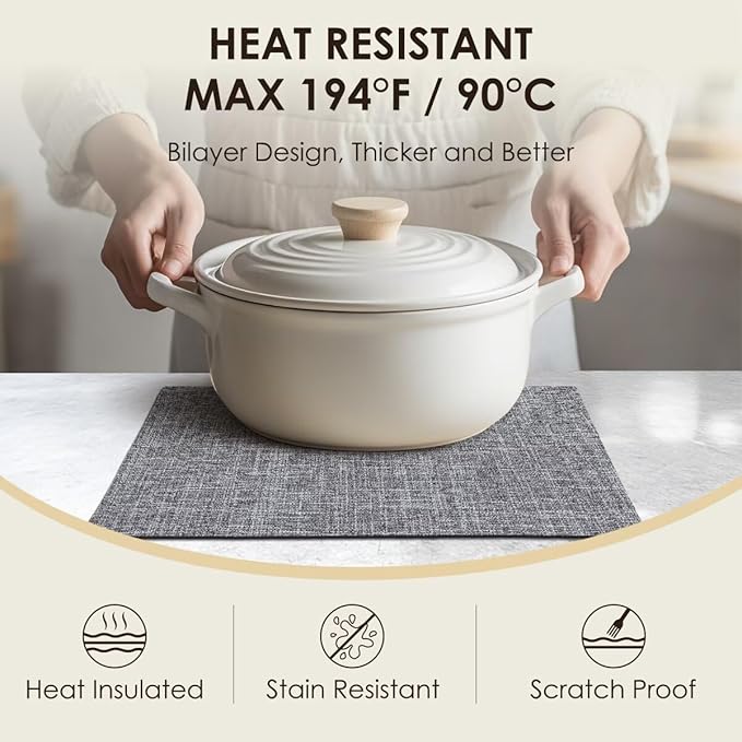 Aironment Placemats Set of 4, Bilayer Thickened Linen Place Mats Heat Resistant Machine Washable Wrinkle Free Carefully Selected Polyester Mats for Kitchen/Dining/Coffee Table (Light Grey)
