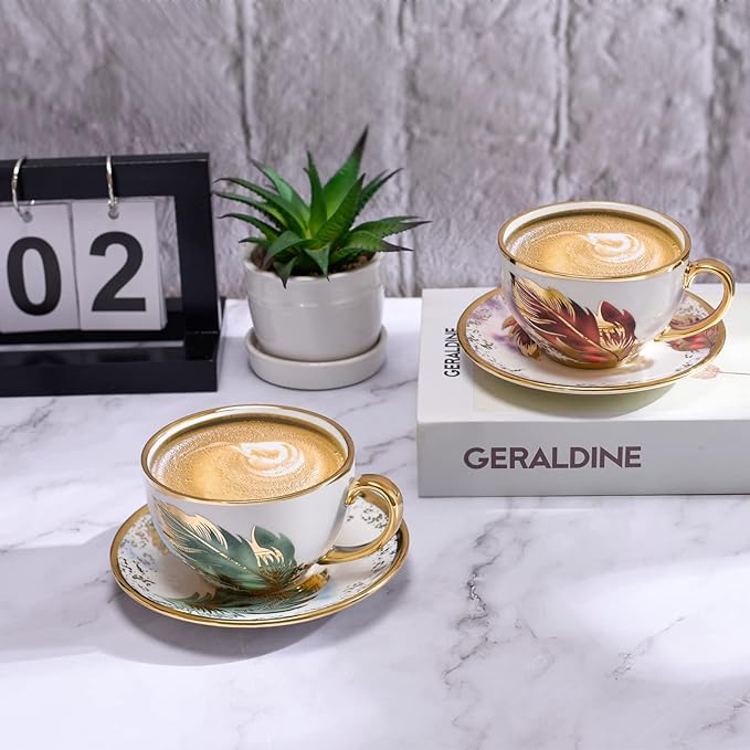 Golden Handle Ceramic Tea Cups, Vintage Feather Pattern Espresso Coffee Mug Set with Saucer & Spoon, 7.74 Oz, Style 1