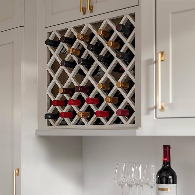 Solid Wood RTA Wine Bottle Rack Wall Cabinet with Lattice Panels - Bottle Holder Storage for Bar, Pantry, or Wine Cellar - Mocha finish Countertop Solution (Origami White, 24?쓂 횞 12?쒭 횞 30?쒱)
