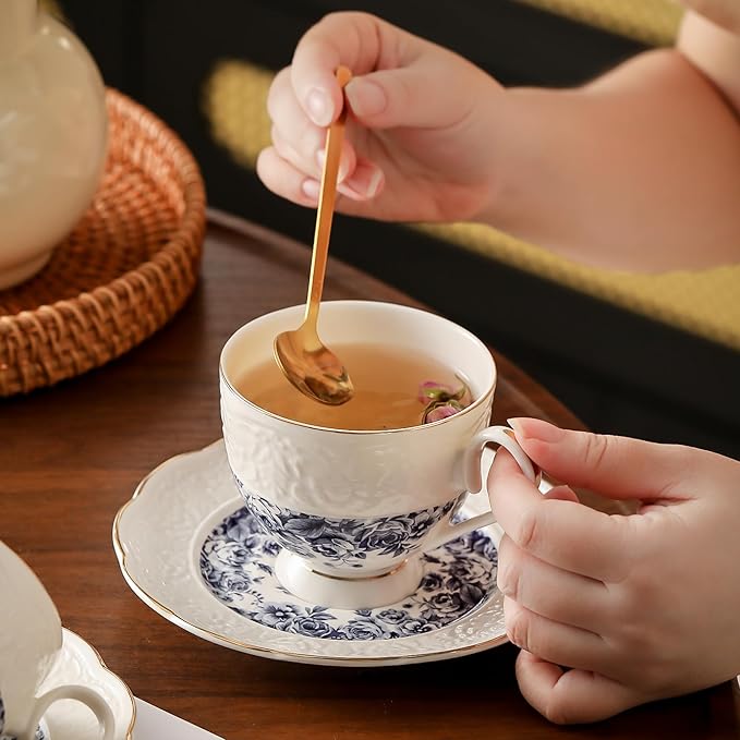 TATSUMI Interglio Embossed Bone China Tea Cup and Saucer Set, 3 Pieces Vintage Style Coffee Cup & Saucer Set For Women Wedding Gift (Starry Sky Rose, 1 set)