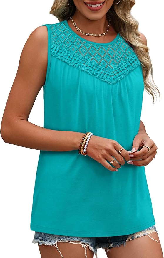XIEERDUO Womens Tank Tops Sleeveless Lace Crochet Boho Tops Loose Fit Pleated Tunics Crewneck Summer Vacation Outfits Flowy