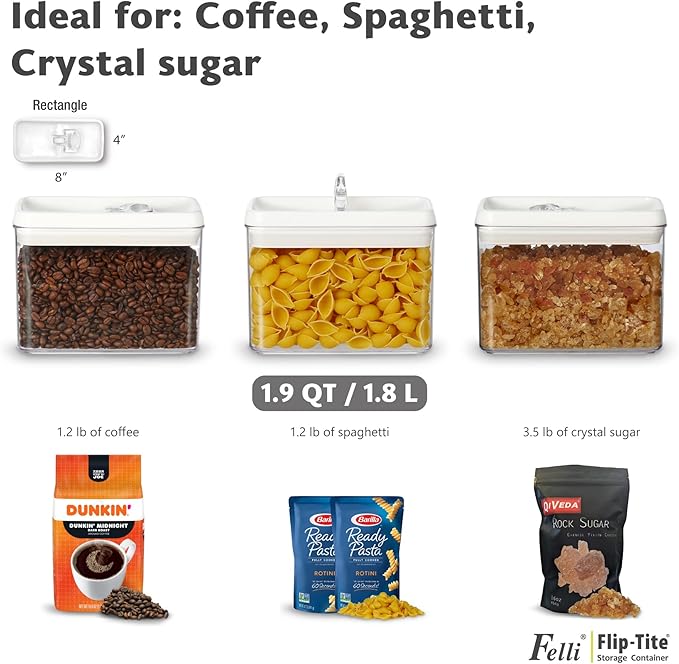 Felli Flip Tite Storage Container with Lid 4??RECTANGULAR Airtight Ring Flip Top, Stackable Kitchen Counter Pantry Organizer Acrylic Canister Jar for Pasta Spaghetti Cereal Granola Coffee (1.9qt)