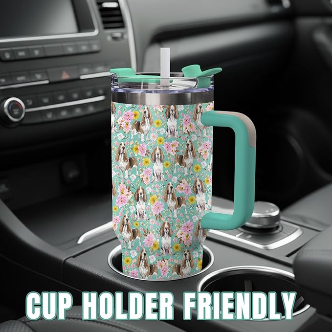 Yogusut Basset Hound Gifts for Women, 40oz Stainless Steel Insulated Tumbler Travel Mug Cup with Handle Straw, Gifts for Dog Mom Dog Lover