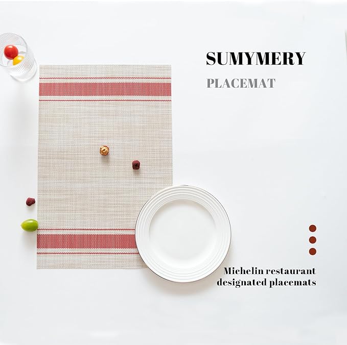 SUMYMERY Placemats Set of 4 Vinyl/Plastic Woven Place Mats for Kitchen Table Indoor/Outdoor Washable Placemat Wipeable Dining Table Mats (Khaki Red,4)