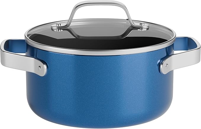 Bakken 3 Quart Ceramic Coated Stock Pot with Lid, Easy to Clean Nonstick Pot, Tempered Glass Lid, Riveted Stainless Steel Handles, Oven Safe Up To 500째F, PTFE & PFAS Free, All Stove Compatible, Blue