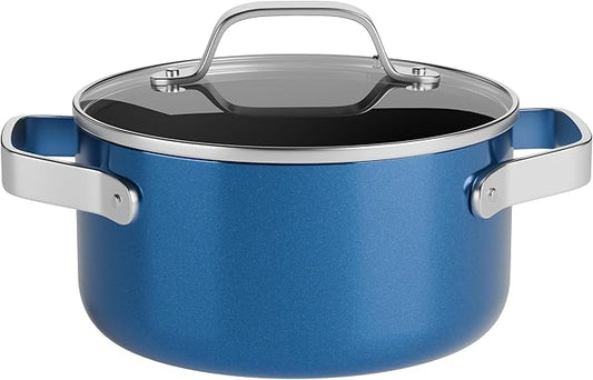 Bakken 3 Quart Ceramic Coated Stock Pot with Lid, Easy to Clean Nonstick Pot, Tempered Glass Lid, Riveted Stainless Steel Handles, Oven Safe Up To 500째F, PTFE & PFAS Free, All Stove Compatible, Blue