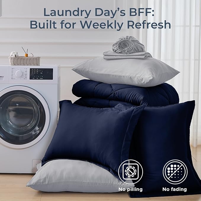 HEVUMYI Full Comforter Set - 7-Piece All Season Bed in a Bag Full, Ultra Soft Bedding Set with Comforter, Flat Sheet, Fitted Sheet, Pillowcases, Pillow Shams, Navy Blue & Light Grey