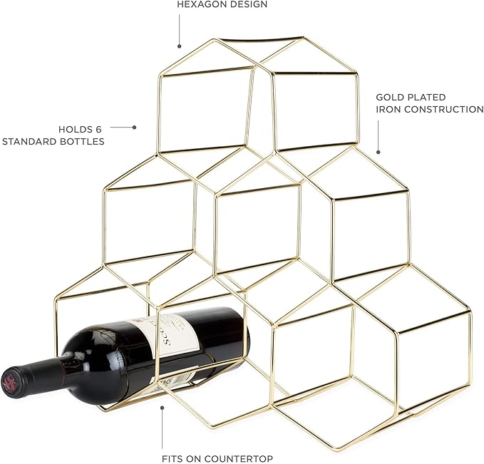 Viski Geo Countertop Wine Rack Freestanding, 6 Wine Bottle Holder for Wine Storage, Kitchen Decor, Wine Pantry Storage, 14.25", Gold