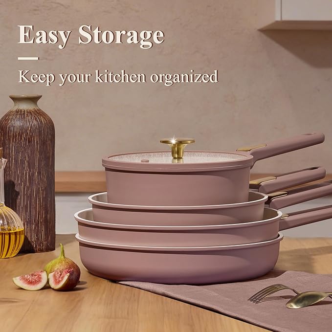 CAROTE Ceramic Cookware Set, Pots and Pans Set Non stick, 17-Piece Induction Cookware, Non toxic Healthy Non Stick Kitchen Cooking Set, with Frying Pans Set,Large Capacity Soup Pot,Mauve Pink
