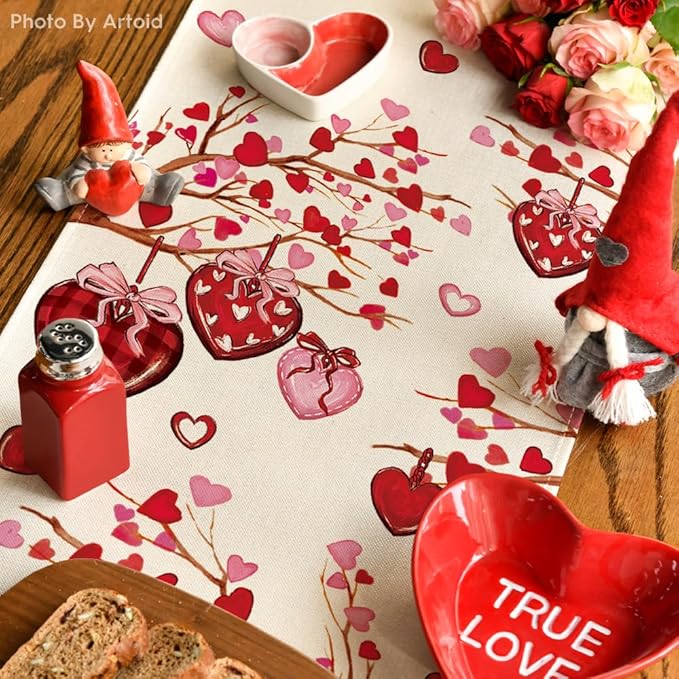 Artoid Mode Stripe Heart Valentine's Table Runner, Be My Valentine Anniversary Kitchen Dining Table Decoration for Home Party Decor 13x90 Inch
