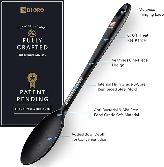 DI ORO Cooking Spoon - Solid Silicone 600F High Heat Nonstick Cookware Safe - Kitchen Spoon for Cooking & Baking - Large Serving & Mixing Utensil - Dishwasher Safe (Black)