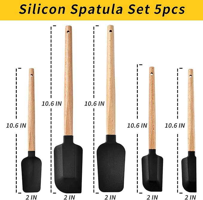 Non-Stick Rubber Spatula Set 5 Pieces - Food Grade Silicone Spatulas, Spoon Scraper, Jar Scraper, Flat Scraper for Baking Cooking Mixing Frosting - 600째F Heat Resistant (Cream White)