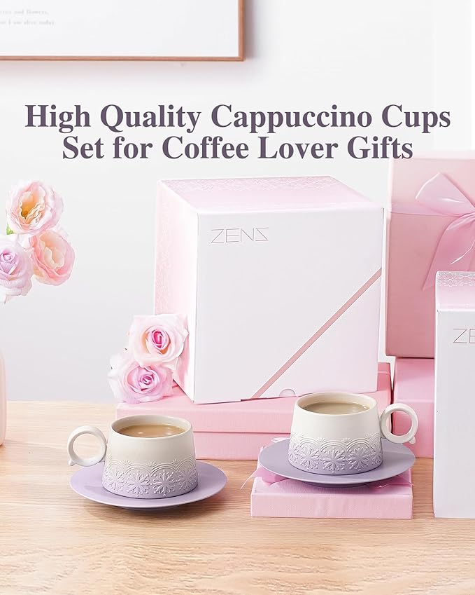 ZENS 7.3 Ounce Cappuccino Cups Set of 2, Artistic Embossed Ceramic Cappuccino Mugs and Saucers, Double Espresso Cups Set of 2 for Au Lait, Cafe Mocha or Matcha Latte or Tea, Pale Purple