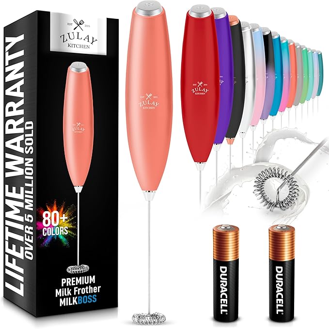 Zulay Kitchen Handheld Milk Frother with Duracell AA Batteries ??Ultra Fast Electric Mixer & Foam Maker, Easy-Clean Drink Mixer for Coffee & More Peach n Cream