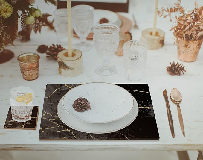 Moderry Set of 4 Heat Resistant Cork Placemats for Dining Table with Free Set of 4 Matching Drink Coasters Marble Design 16 x 12 Inches Cork Backed Hard Placemats (Black & Gold)