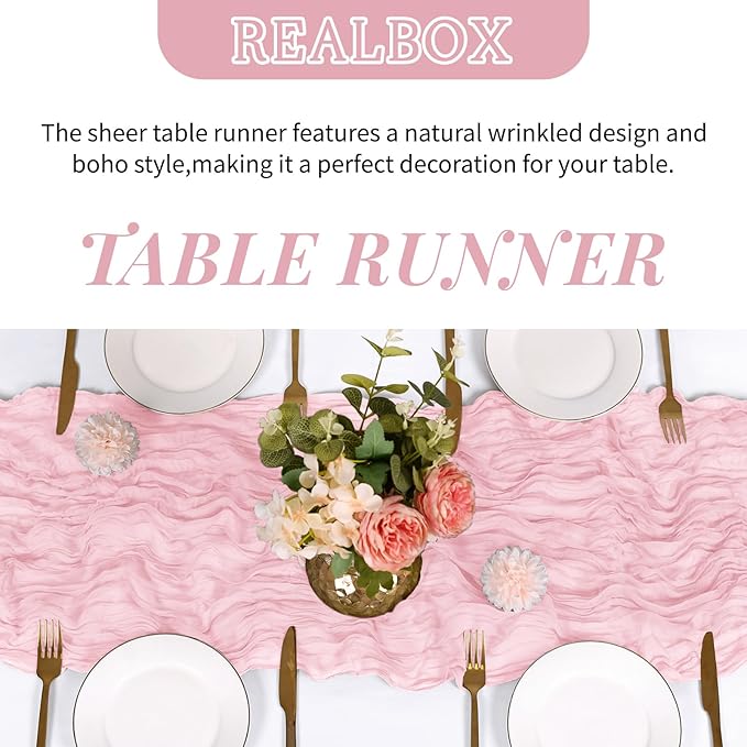 RealBox 3 Pack Light Pink Cheesecloth Table Runner 17x108 Inch Semi Sheer Boho Gauze Cheese Cloth Fabric Table Runners Table Decor for Wedding Party Baby Shower Birthday Home Decor Garden Farmhouse