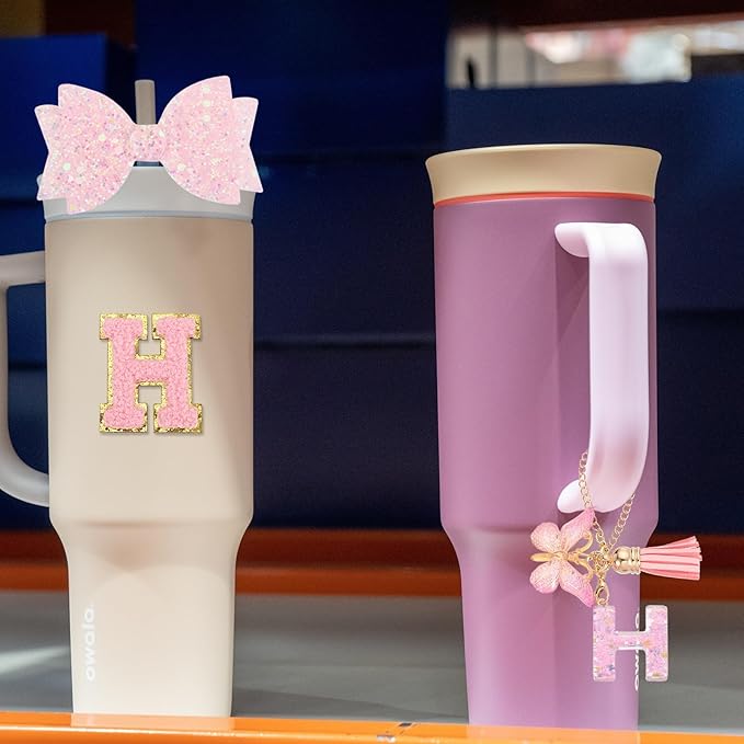 uxcell 8Pcs Cup Accessories Set for Cup Tumbler with Handle, Including Silicone Straw Cover, Boot, Spill Proof Stopper, Handle Charm, Initials Sticker(Letter H, Pink)