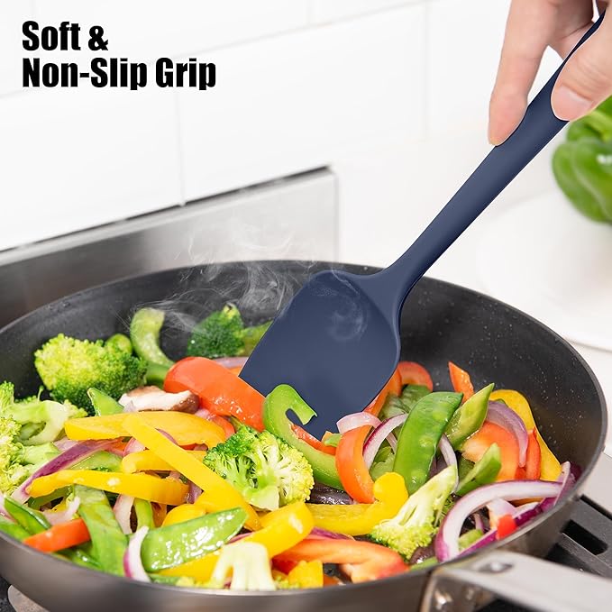 Heat Resistant Silicone Spoon Spatula, Doosu 600째F High Temp Flexible Cooking Spoons Kitchen Rubber Spoonula Scratch-Proof for Mixing Stirring Scraping Serving Non-Stick Cookware (11.4in, Navy Blue)