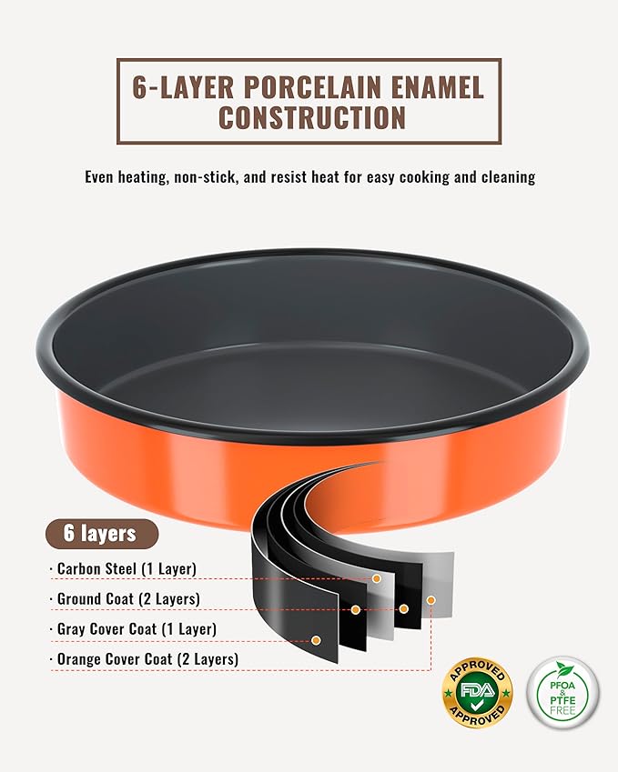 Round Roasting Pan Set Bakeware 4 Pack Baking Cake Pans Enamel Casserole Dish 9/10/12/14 Inch Non-Stick Chicken Roaster Oven Dishwasher Safe Mother's Christmas Gift Cookware (Orange)