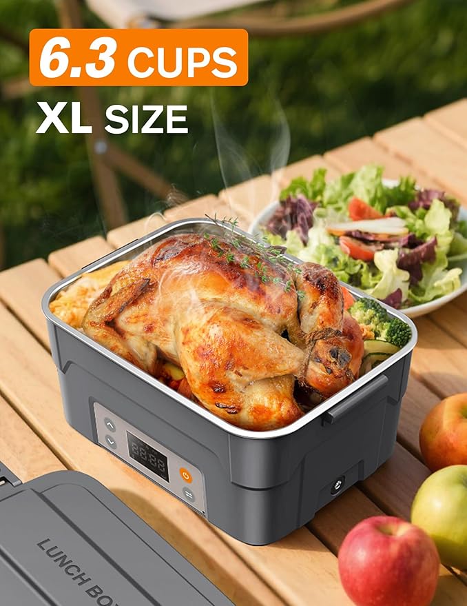 EAST OAK XL 6.3-Cup Cordless Electric Lunch Box for Adults, Heated Lunch Box for Men with Scheduled Heating, Portable Car Food Warmer with Utensils, Two-Tier Bag, Removable Divider