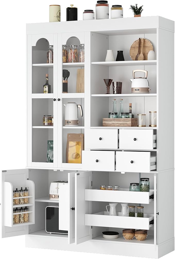 75-inch Tall Kitchen Pantry Cabinet, Freestanding Buffet with Hutch, Storage Cabinet with 4 Drawers, Door Shelves and Pull-Out Trays for Dining Room (White + MDF + Farmhouse)