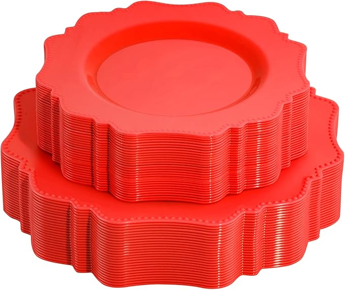 COLOSUS Disposable Plastic Plates 60Pcs, Christmas Red Plastic Party Plates, Heavy Duty 30 Dinner plate 10.5??and 30 Salad/Dessert Plate 8.25??for Christmas party dinner